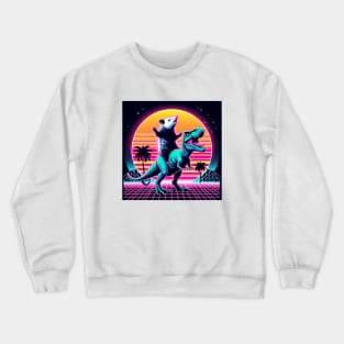 Weird Funny Opossum, Retro Synthwave, Riding T-Rex Dinosaur, Dark Humor Possumcore Crewneck Sweatshirt